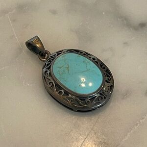 Vintage Silver and Turquoise Floral Filigree Pendant